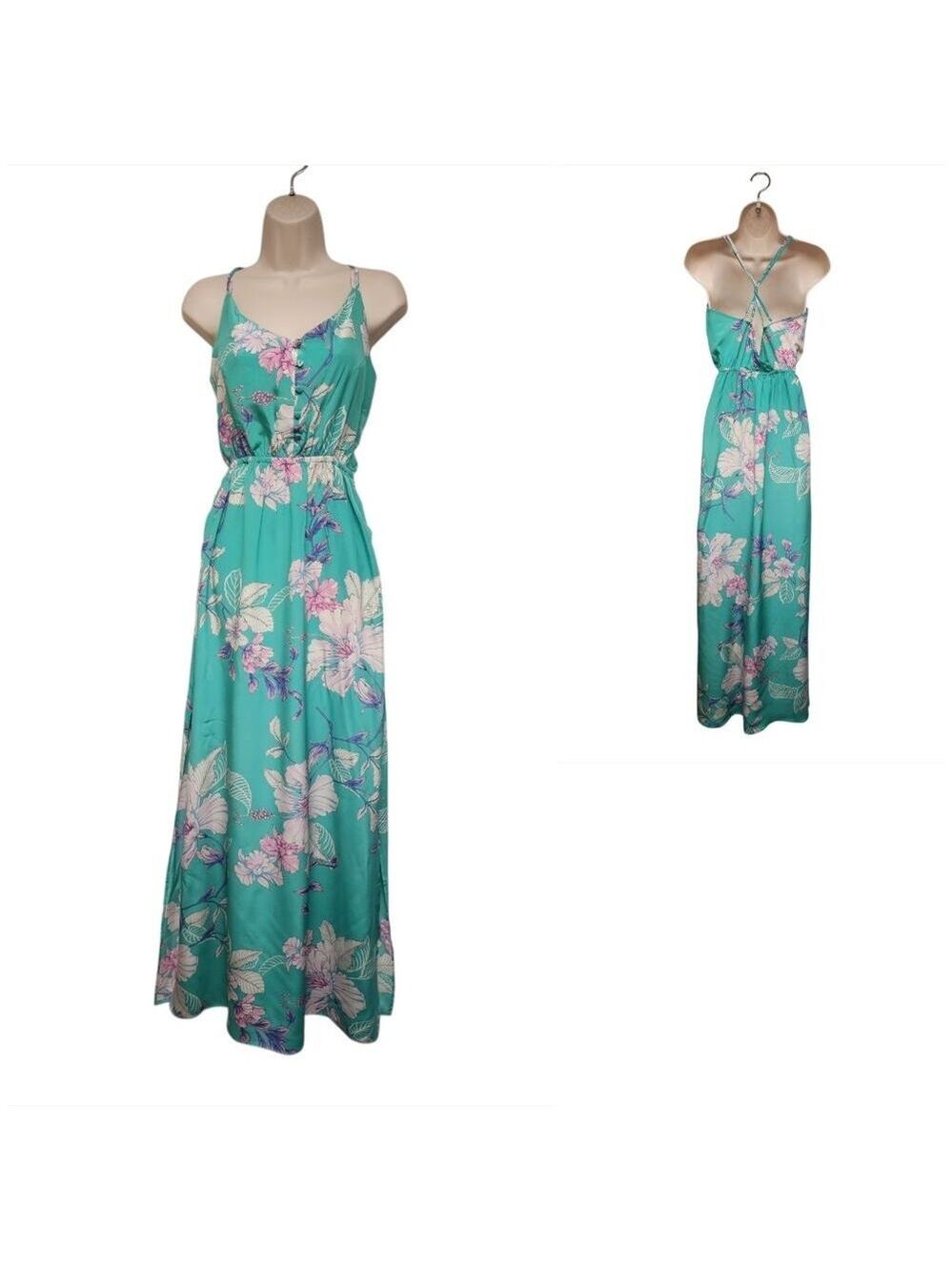 Yumi Kim Multicolor Teal Floral Open Back Maxi Dress Size Large NWT